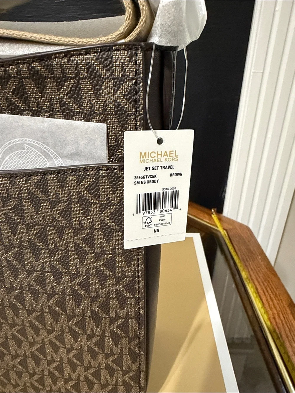 Michael Kors Brown Logo Messenger with White and Gold Stripe